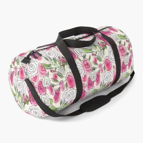 Sketchy Roses: Cute Pink and White Rose Floral Pattern Duffle Bag