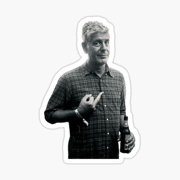 Vista previa del artículo con la obra «Anthony Bourdain Dedo medio y cerveza», diseñado y vendido por ShirleySmi.