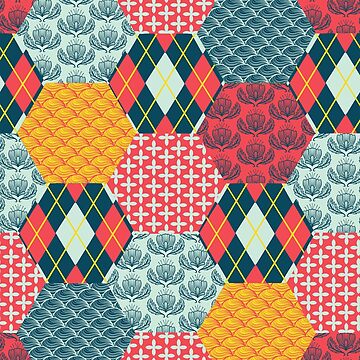 Artwork thumbnail, Retro Vintage Patchwork Hexie Quilt by carabara