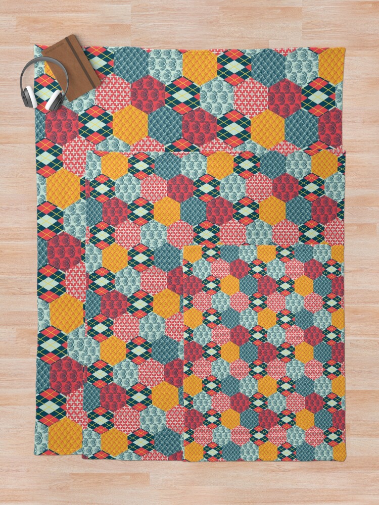 Thumbnail 5 of 6, Throw Blanket, Retro Vintage Patchwork Hexie Quilt designed and sold by carabara.
