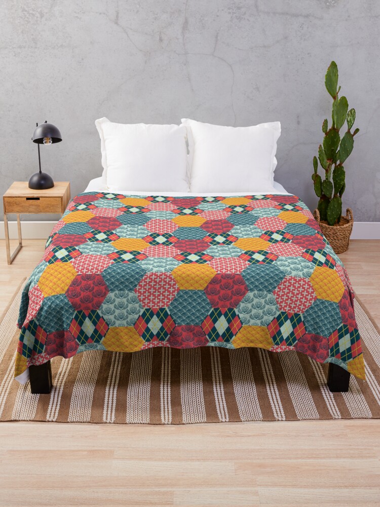 Thumbnail 1 of 6, Throw Blanket, Retro Vintage Patchwork Hexie Quilt designed and sold by carabara.