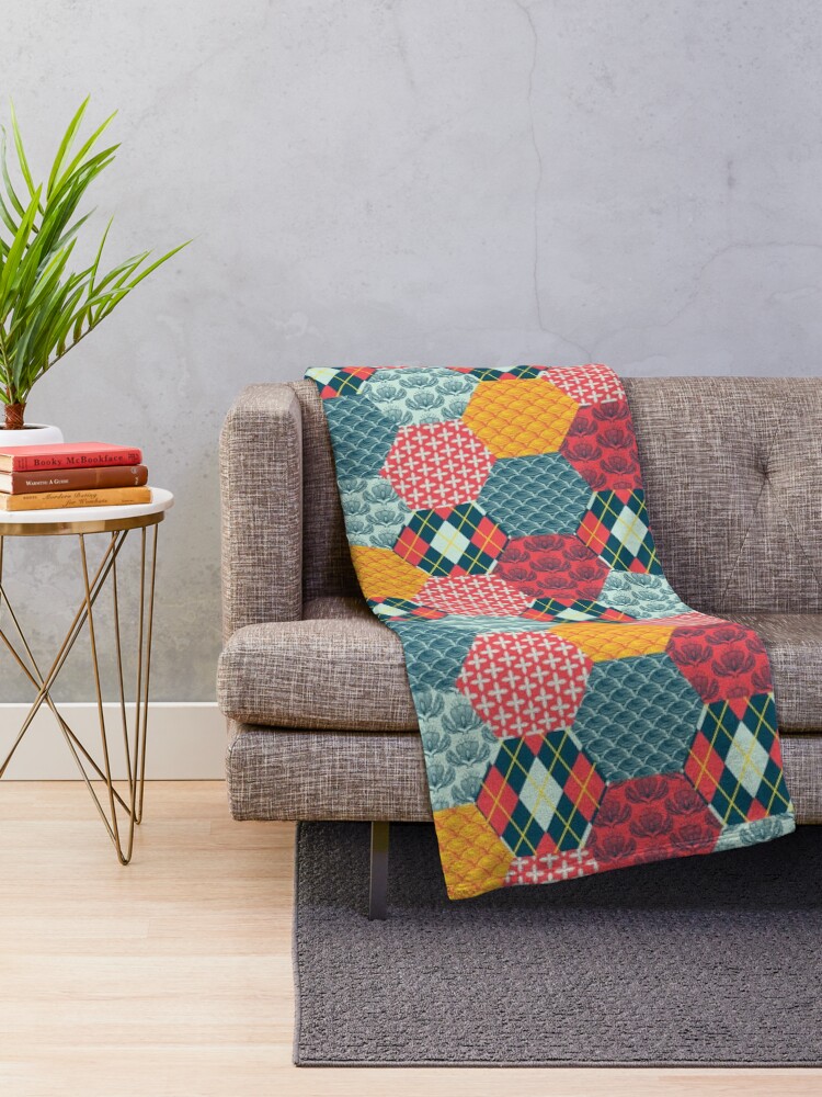 Thumbnail 2 of 6, Throw Blanket, Retro Vintage Patchwork Hexie Quilt designed and sold by carabara.