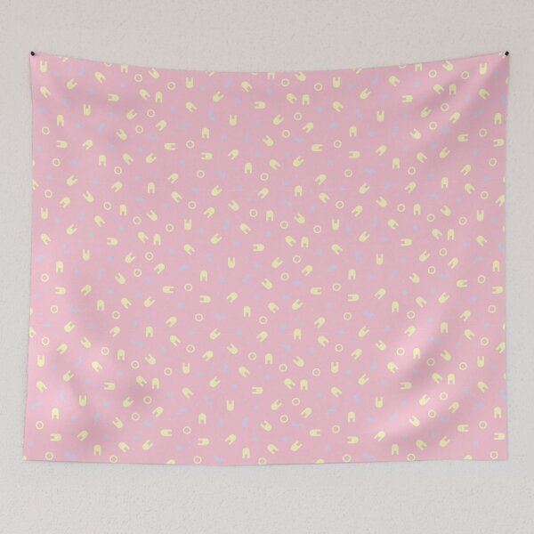 Item preview, Anime inspired cute kawaii Harajuku style pale blue bolts and stars and lemon yellow bunny heads on pale bubble gum pink or dusty rose background designed and sold by camertone.