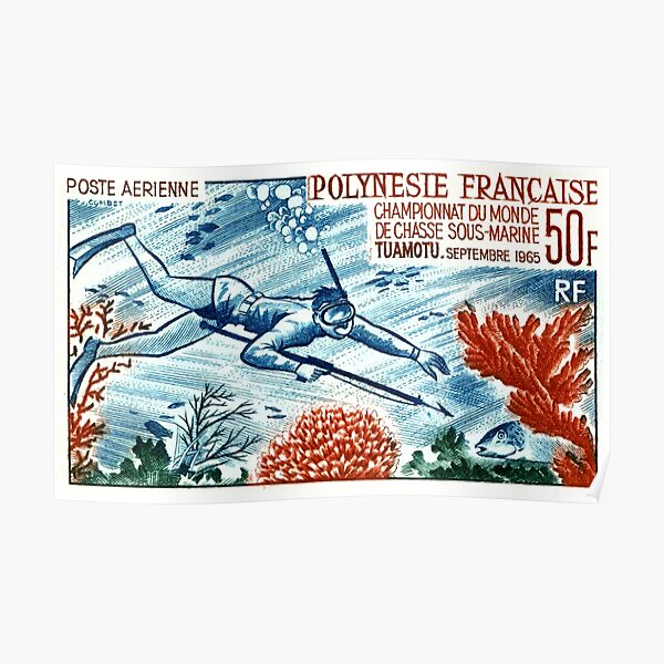 1965 French Polynesia Spearfishing Postage Stamp Poster