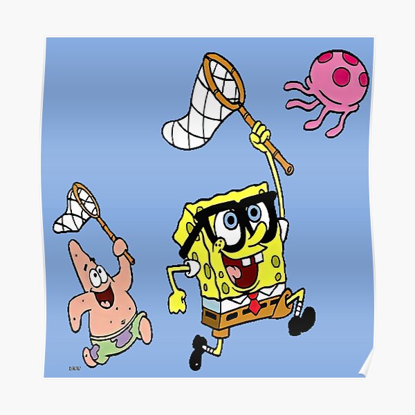 Spongebob And Patrick Chasing Jellyfish Butterflies Poster By Vintagegarage Redbubble