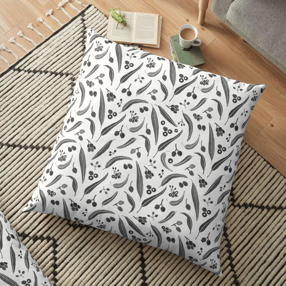Eucalyptus Leaves Watercolour in Black and White Palette Floor Pillow