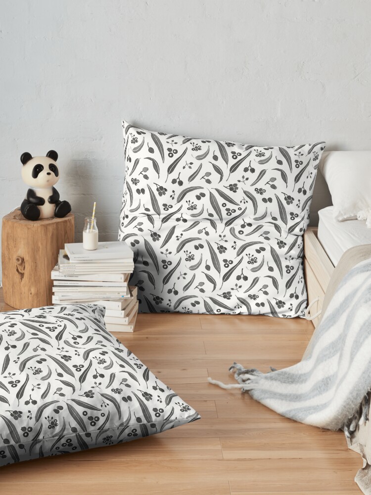 Alternate view of Eucalyptus Leaves Watercolour in Black and White Palette Floor Pillow