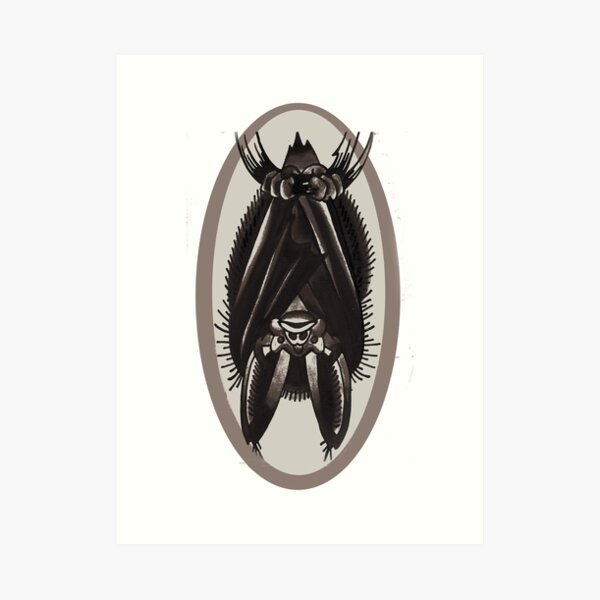 hanging bat, old school tattoo bat Art Print