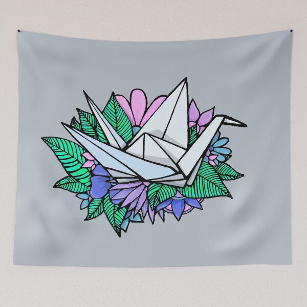 Item preview, Origami crane, floral--cool grey background designed and sold by Itinlea.