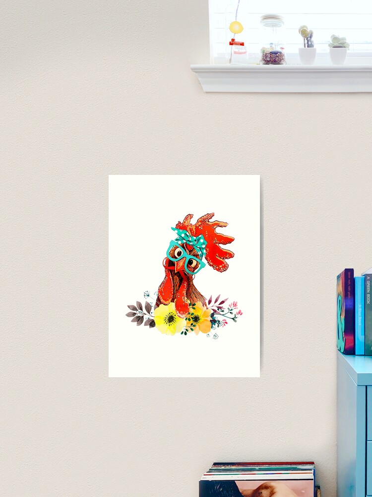 Whimsical cute chicken with Sale Print by and Art for glasses Redbubble | teal bandana\