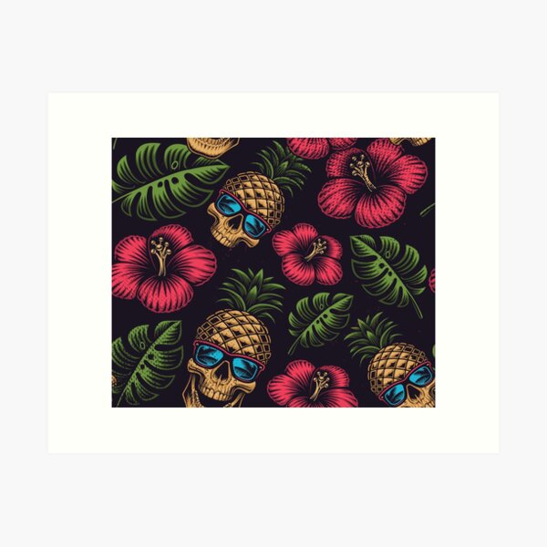Item preview, Seamless Color Pattern Hawaiian Theme with Pineapple Skull Dark Background designed and sold by Peekonet.