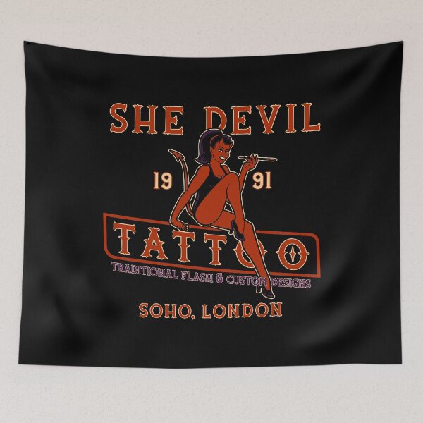 Item preview, She Devil, Flash & Custom, Soho, London Tattoo Studio Design,  designed and sold by Proverbial Wisdom Design.