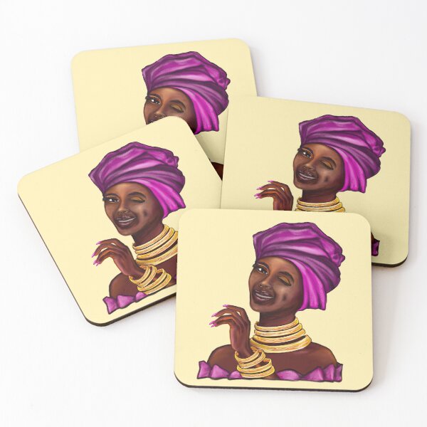Item preview, Queen wink side eye Black is beautiful black girl with Gold bangles, neck ring necklace, purple dress and head wrap, brown eyes and dark brown skin ! designed and sold by Artonmytee.
