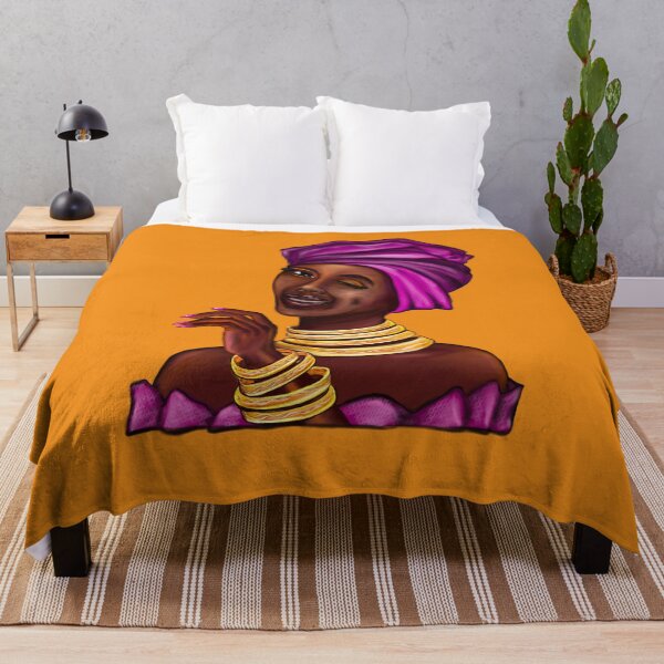 Item preview, Queen wink side eye Black is beautiful black girl with Gold bangles, neck ring necklace, purple dress and head wrap, brown eyes and dark brown skin ! designed and sold by Artonmytee.