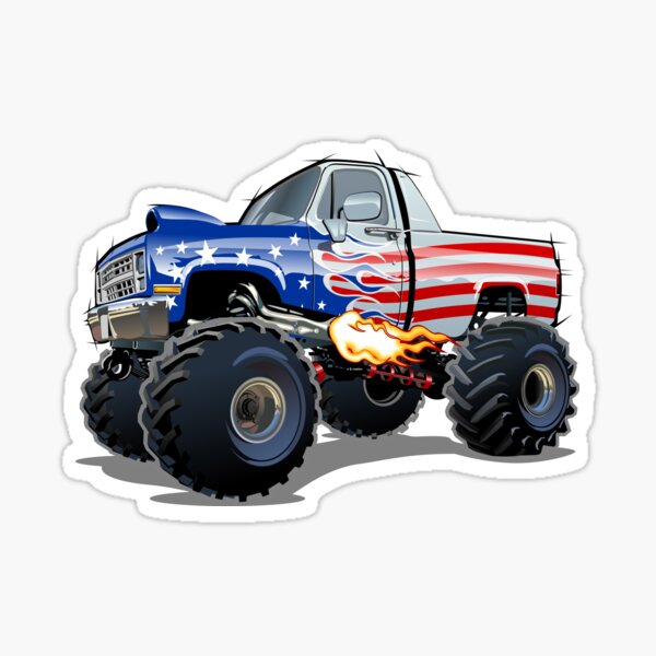 Monster Pickup Truck with USA Flag Cartoon - Pickup - Sticker