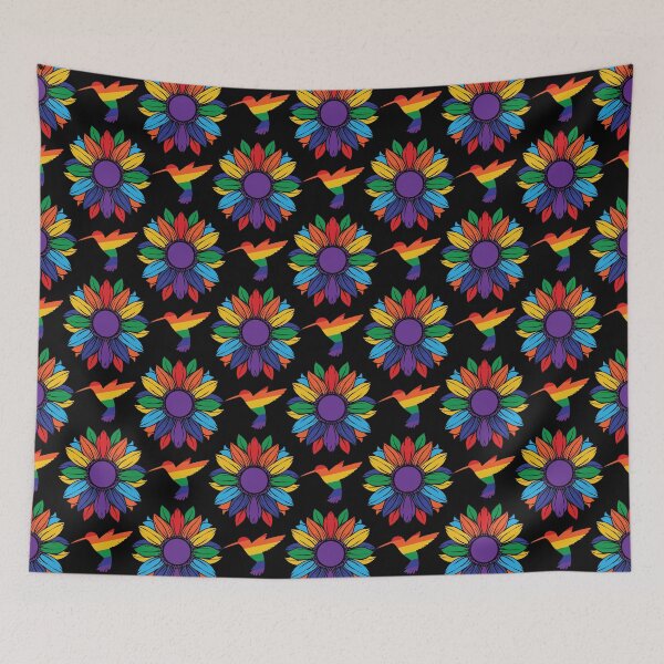 Item preview, Rainbow Sunflower And Bird Pattern With Black Background designed and sold by Rosinda.