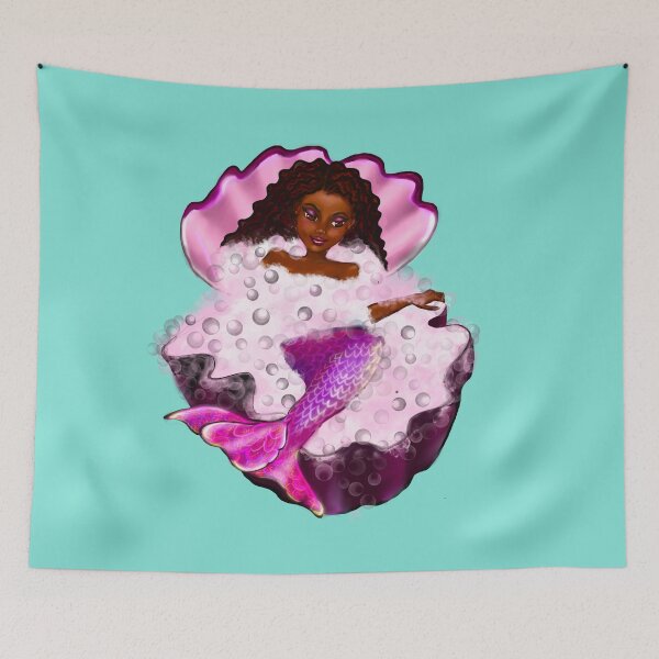 Item preview, Mermaid spa day in Oyster clam shell 2 - Black anime mermaid in bubble bath. Pretty black girl with Afro hair, green eyes, Cherry pink lips and dark brown skin. Hair love ! designed and sold by Artonmytee.