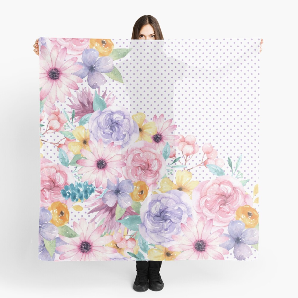 Modern pink lavender watercolor floral polka dots Scarf