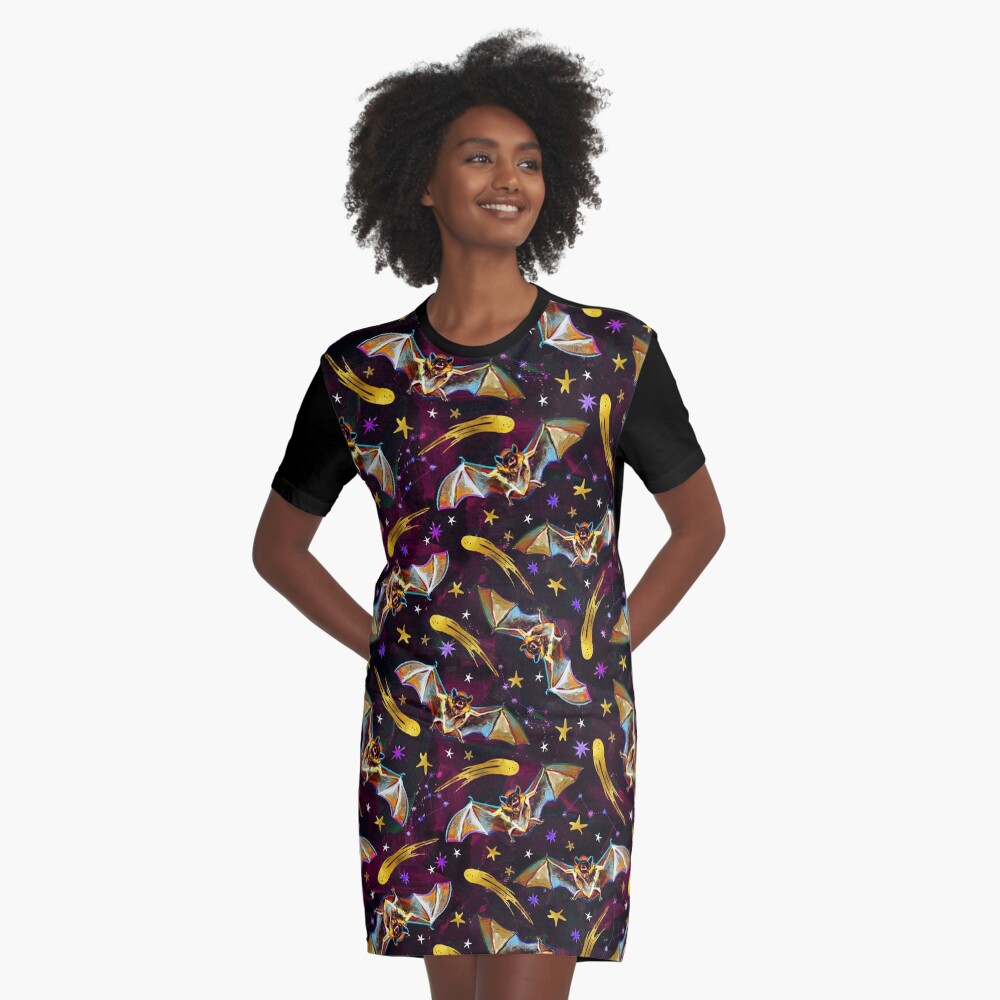 Spooky Bat Pattern with Stars by Robert Phelps Graphic T-Shirt Dress