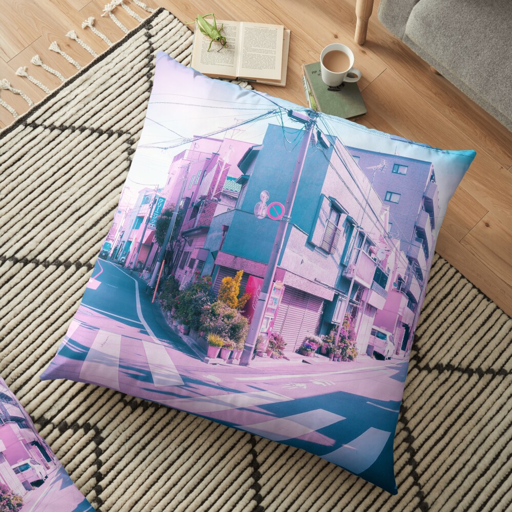 Anime in Real Life Vaporwave Summer Day in Tokyo Residential area Floor Pillow