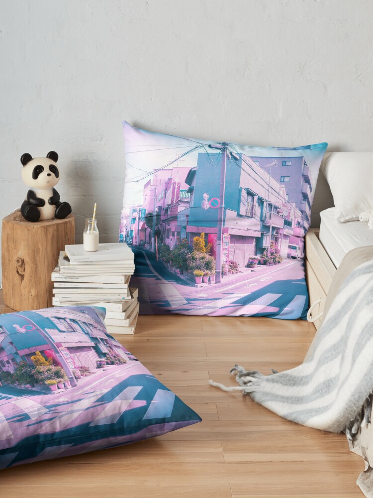 Alternate view of Anime in Real Life Vaporwave Summer Day in Tokyo Residential area Floor Pillow