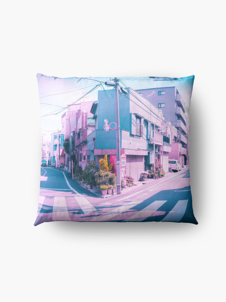 Alternate view of Anime in Real Life Vaporwave Summer Day in Tokyo Residential area Floor Pillow