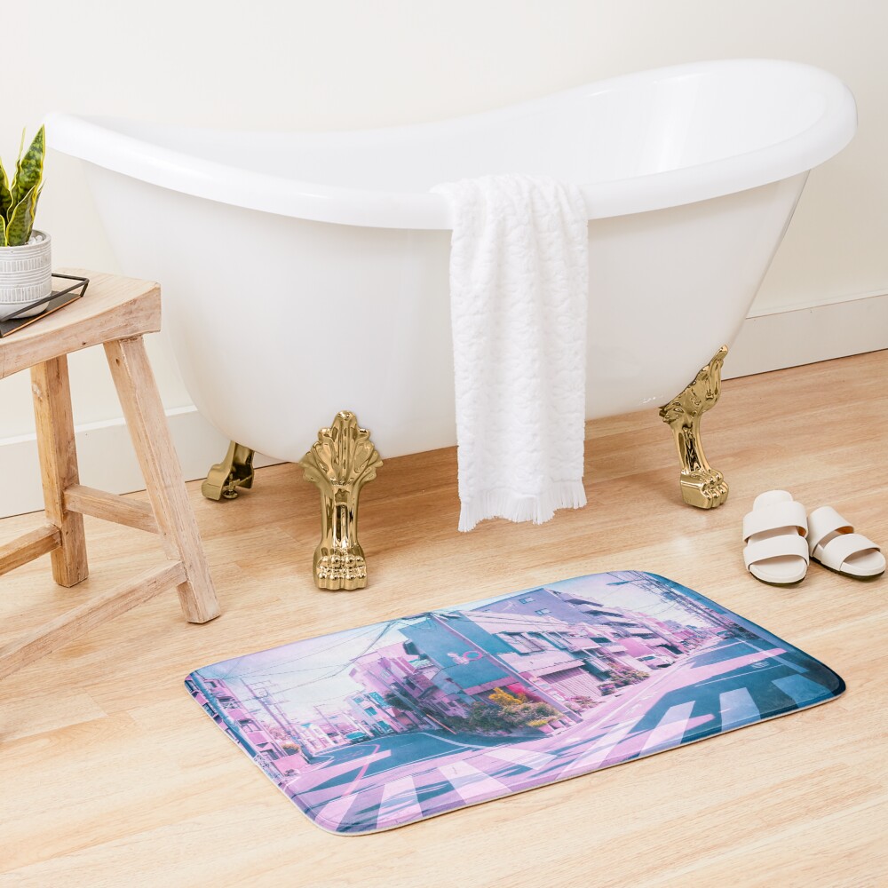Anime in Real Life Vaporwave Summer Day in Tokyo Residential area Bath Mat