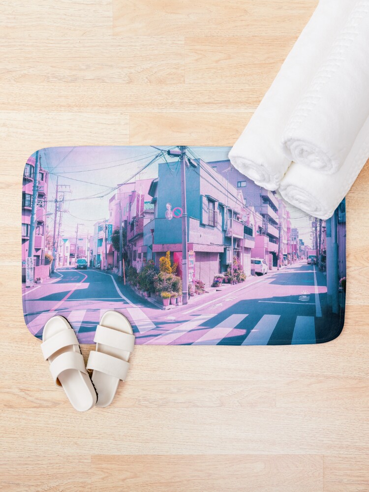 Alternate view of Anime in Real Life Vaporwave Summer Day in Tokyo Residential area Bath Mat