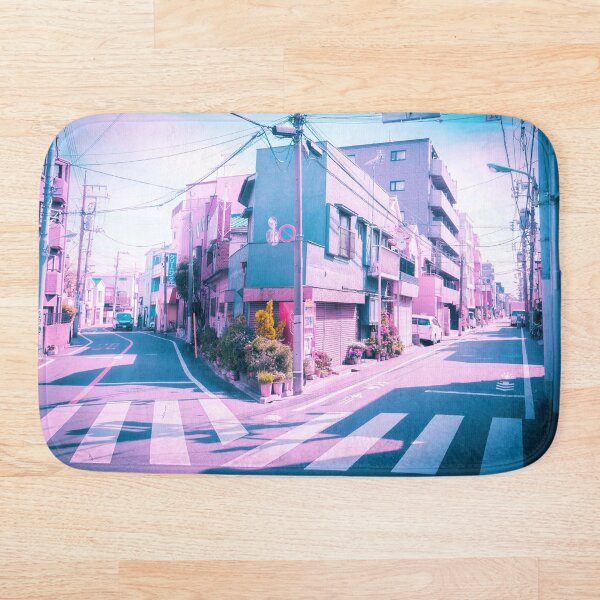 Anime in Real Life Vaporwave Summer Day in Tokyo Residential area Bath Mat