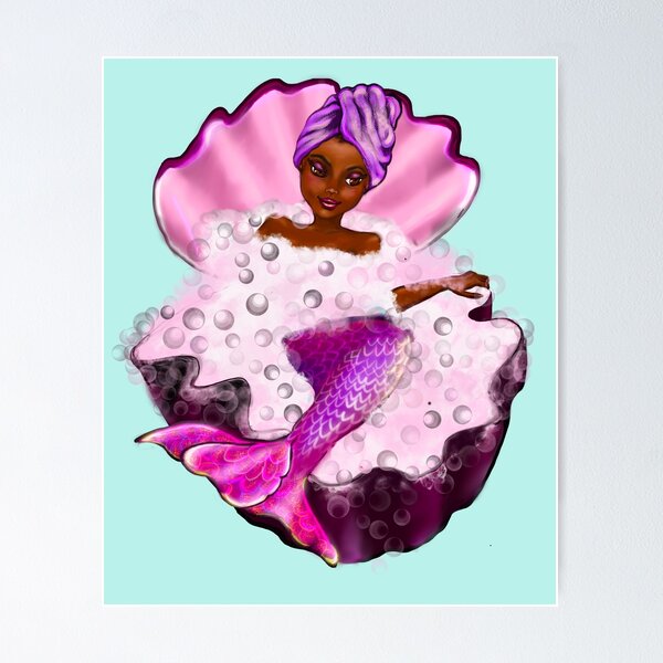 Item preview, Mermaid spa day in Oyster clam shell 3 - Black anime mermaid in bubble bath. Pretty black girl with Afro hair, green eyes, Cherry pink lips and dark brown skin. Hair love ! designed and sold by Artonmytee.