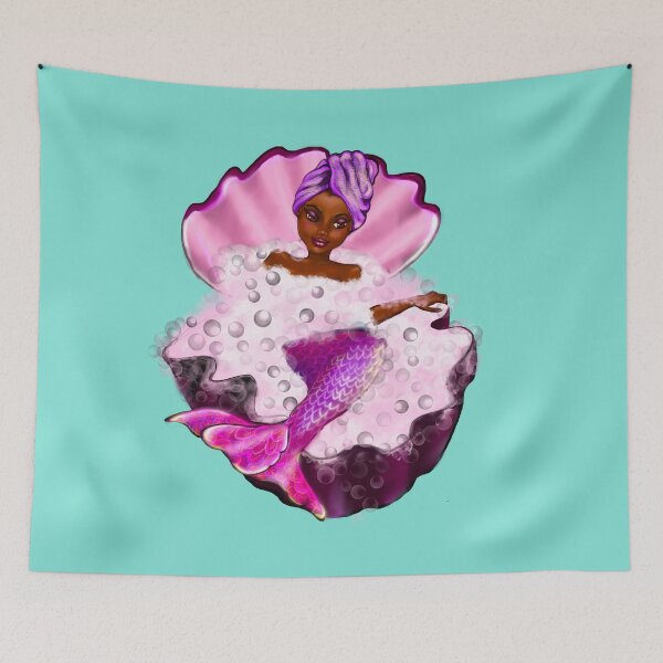 Item preview, Mermaid spa day in Oyster clam shell 4 - Black anime mermaid in bubble bath. Pretty black girl with Afro hair, green eyes, Cherry pink lips and dark brown skin. Hair love ! designed and sold by Artonmytee.