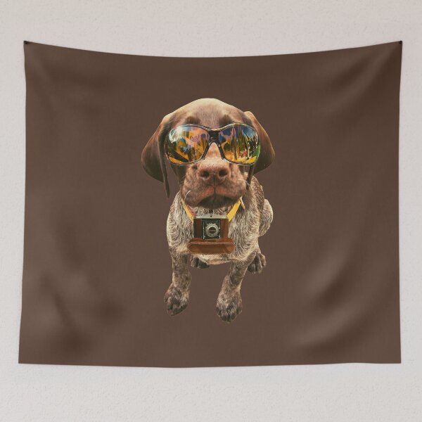 Item preview, News partner dog wearing sunglasses and camera on dark brown background designed and sold by Amalzaki.