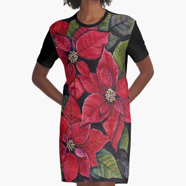 Vibrant Poinsettia Watercolour Artwork Graphic T-Shirt Dress