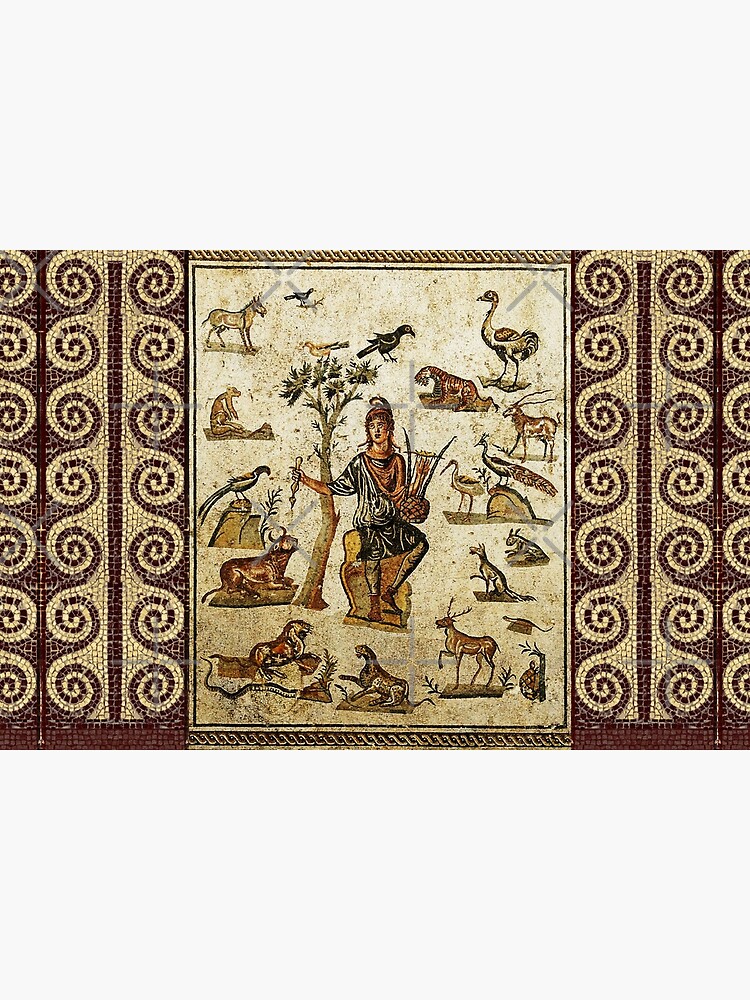 Discover ANTIQUE ROMAN MOSAICS ,ORPHEUS ENCHANTING ANIMALS WITH HIS MUSIC Bath Mat