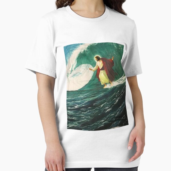 Vista previa del artículo con la obra «Camiseta Surfing Jesus», diseñado y vendido por thenewnormality.