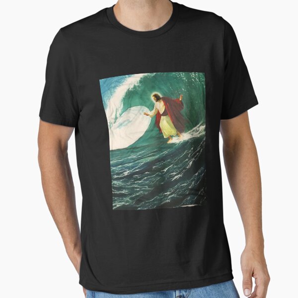 Item preview, Surfing Jesus Tshirt black designed and sold by thenewnormality.