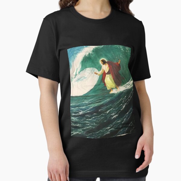 Item preview, Surfing Jesus Tshirt black designed and sold by thenewnormality.