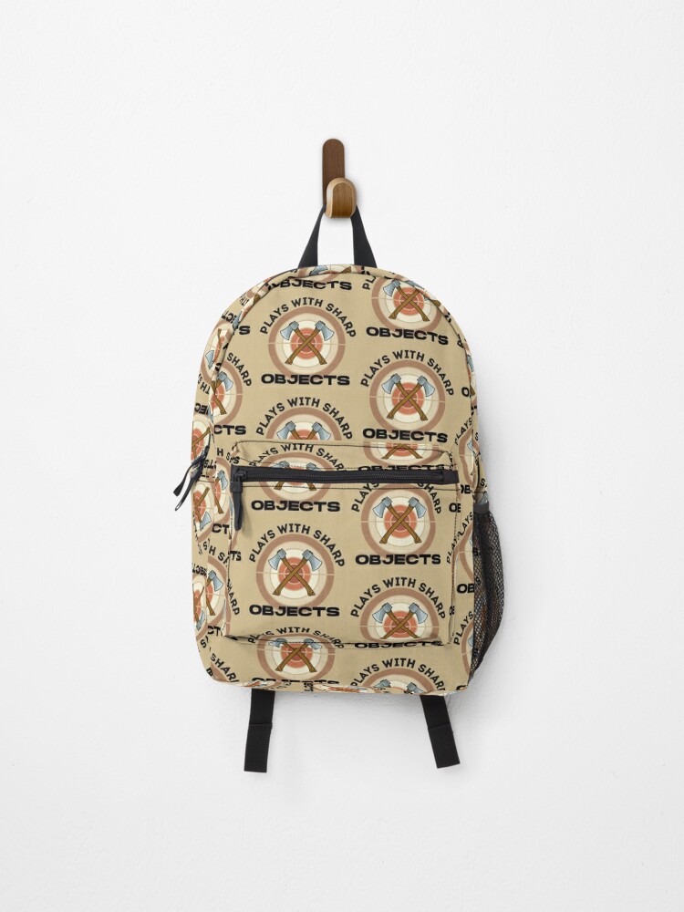 Plays with sharp objects, dark text funny 13th june of axe throwing, funny  axe throwing with abstract vintagecutted wood background Backpack for Sale  by SGS