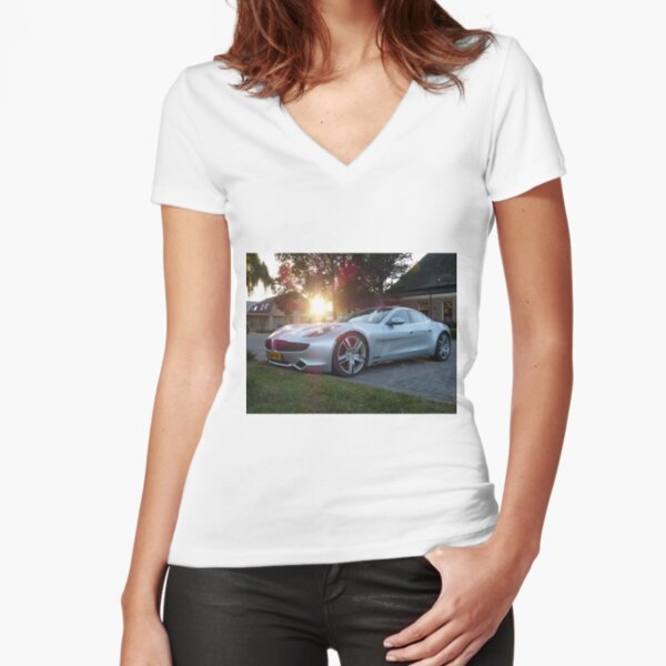 2012 Fisker Karma electric supercar against a sunset Fitted V-Neck T-Shirt