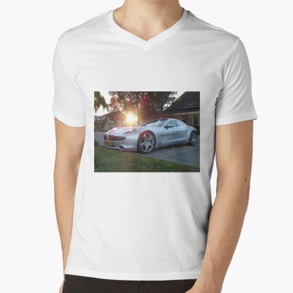 2012 Fisker Karma electric supercar against a sunset V-Neck T-Shirt
