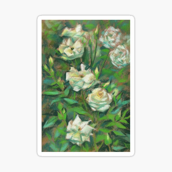 White Roses, Green Leaves, Floral Pattern Sticker