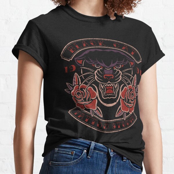 Item preview, Black Cat Tattoo Studio, Black Panther & Roses Old School Tattoo designed and sold by Proverbial Wisdom Design.