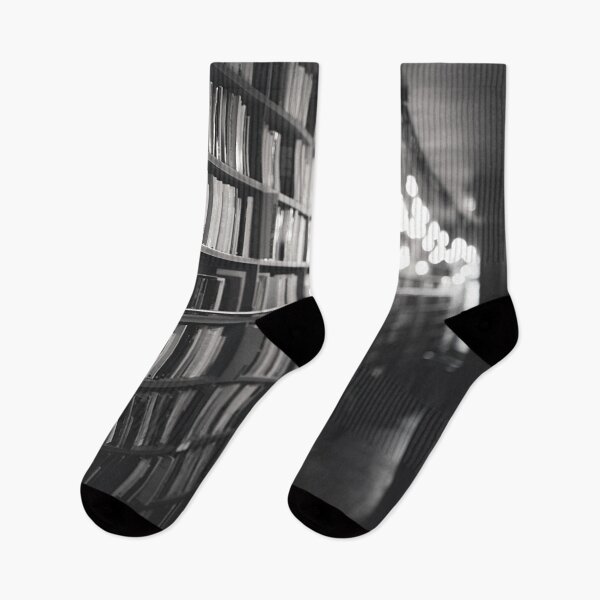 Item preview, Illuminated Bookshelves in a Bookstore in Black and White designed and sold by SquishStitches.