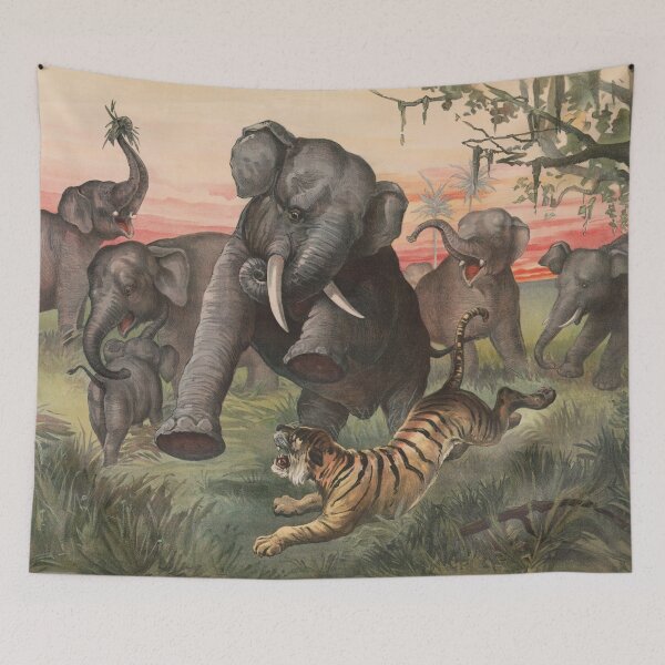 Item preview, Herd Of Elephants Charging A Tiger - Vintage Lithograph - 1880 designed and sold by warishellstore.