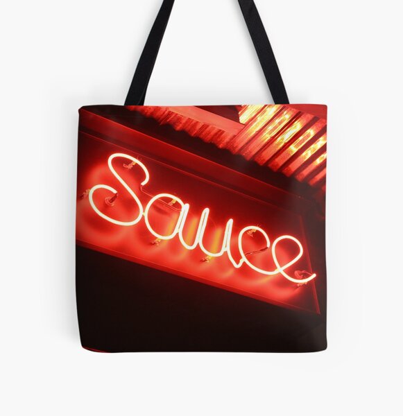 Sauce (phtograph of cursive neon sign in New York) All Over Print Tote Bag