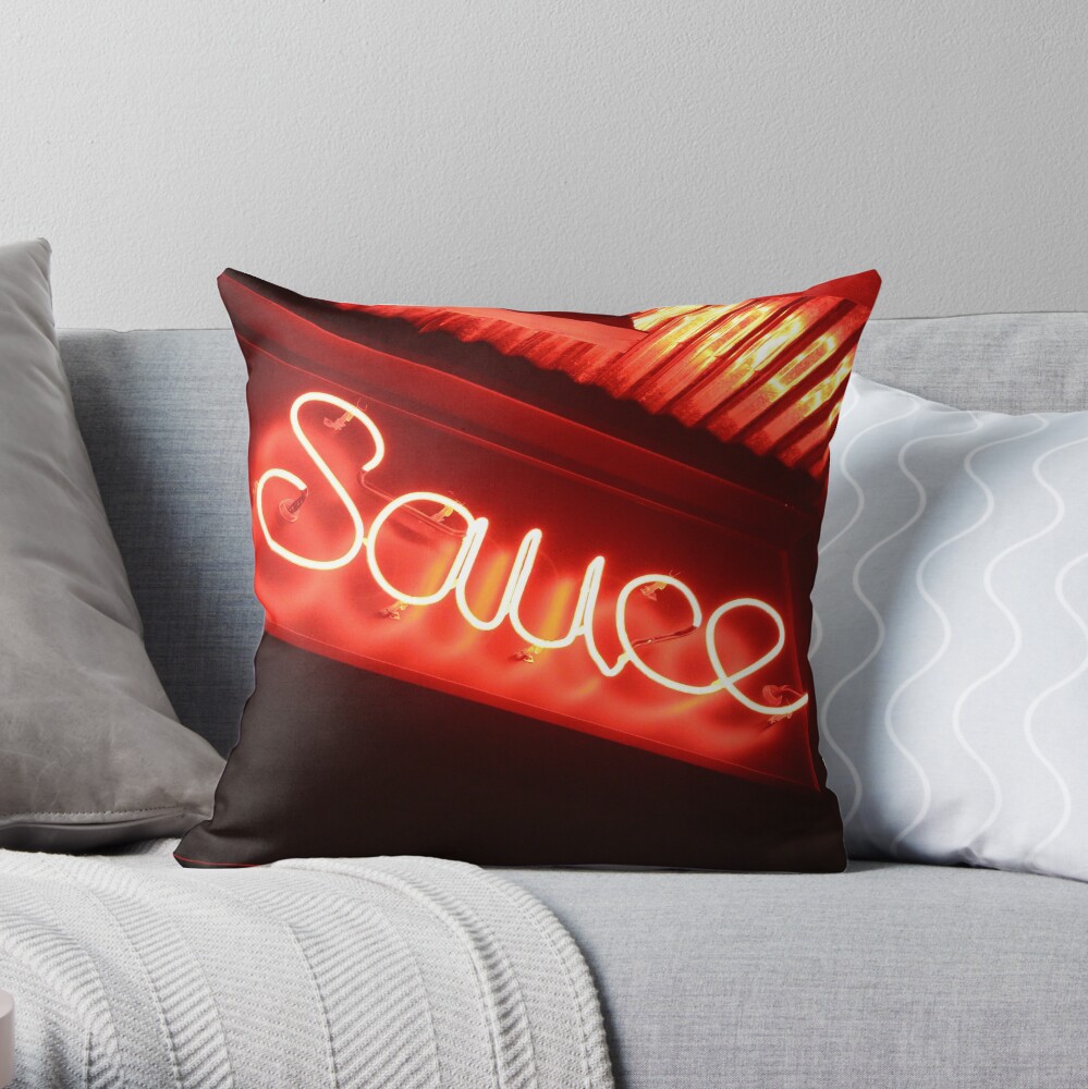 Sauce (phtograph of cursive neon sign in New York) Throw Pillow