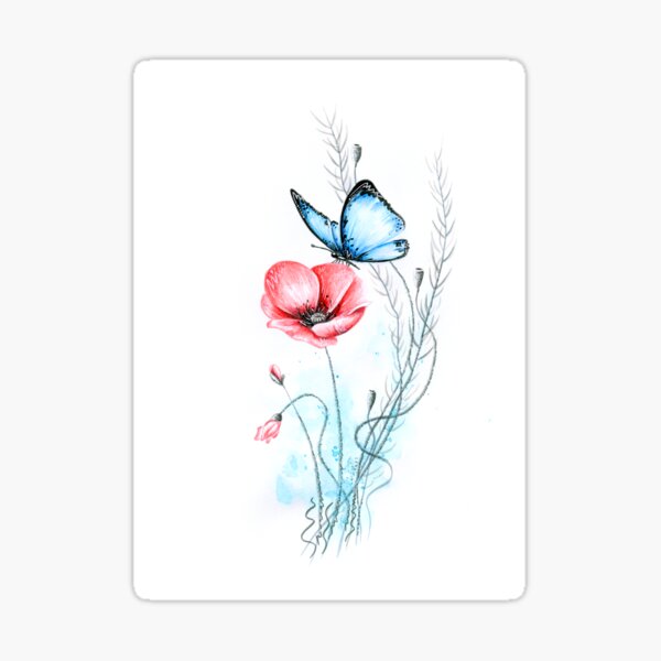 Mohnblume mit Schmetterling Sticker
