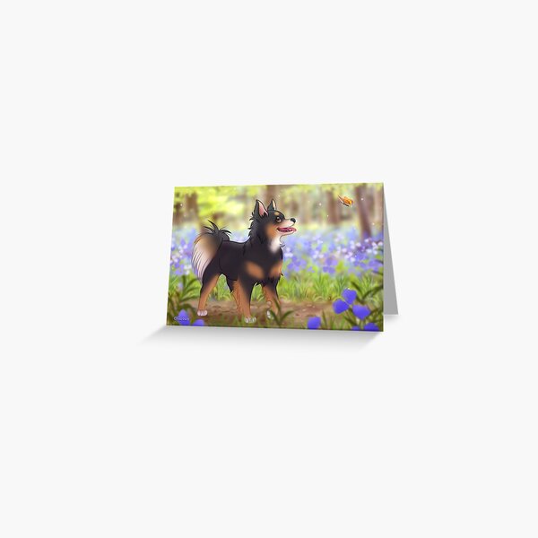 Cute chihuahua long haired black and tan with butterfly Greeting Card
