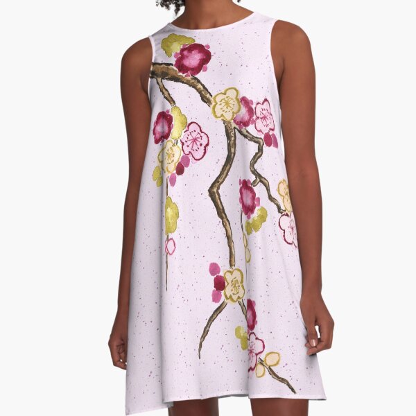 Hand-Painted Plum Blossoms Umenohana Washi Paper A-Line Dress