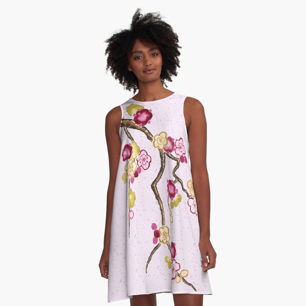 Hand-Painted Plum Blossoms Umenohana Washi Paper A-Line Dress